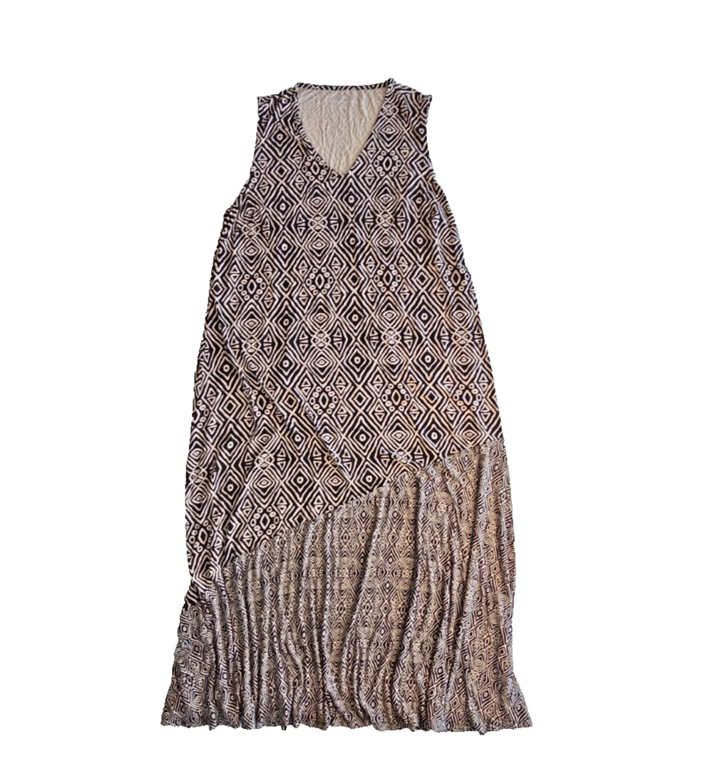 Soft Surroundings Tulum Maxi Dress 1XP Brown Tribal Geometric Boho V Neck